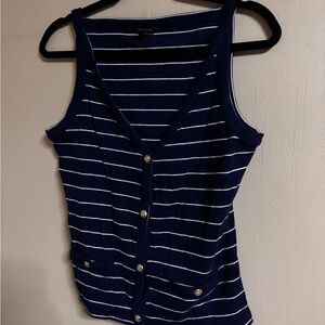 Ann Taylor Navy and White Striped V-Neck Button Tank